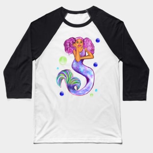 Magical rainbow mermaid with green eyes, pink hair and caramel brown skin Baseball T-Shirt